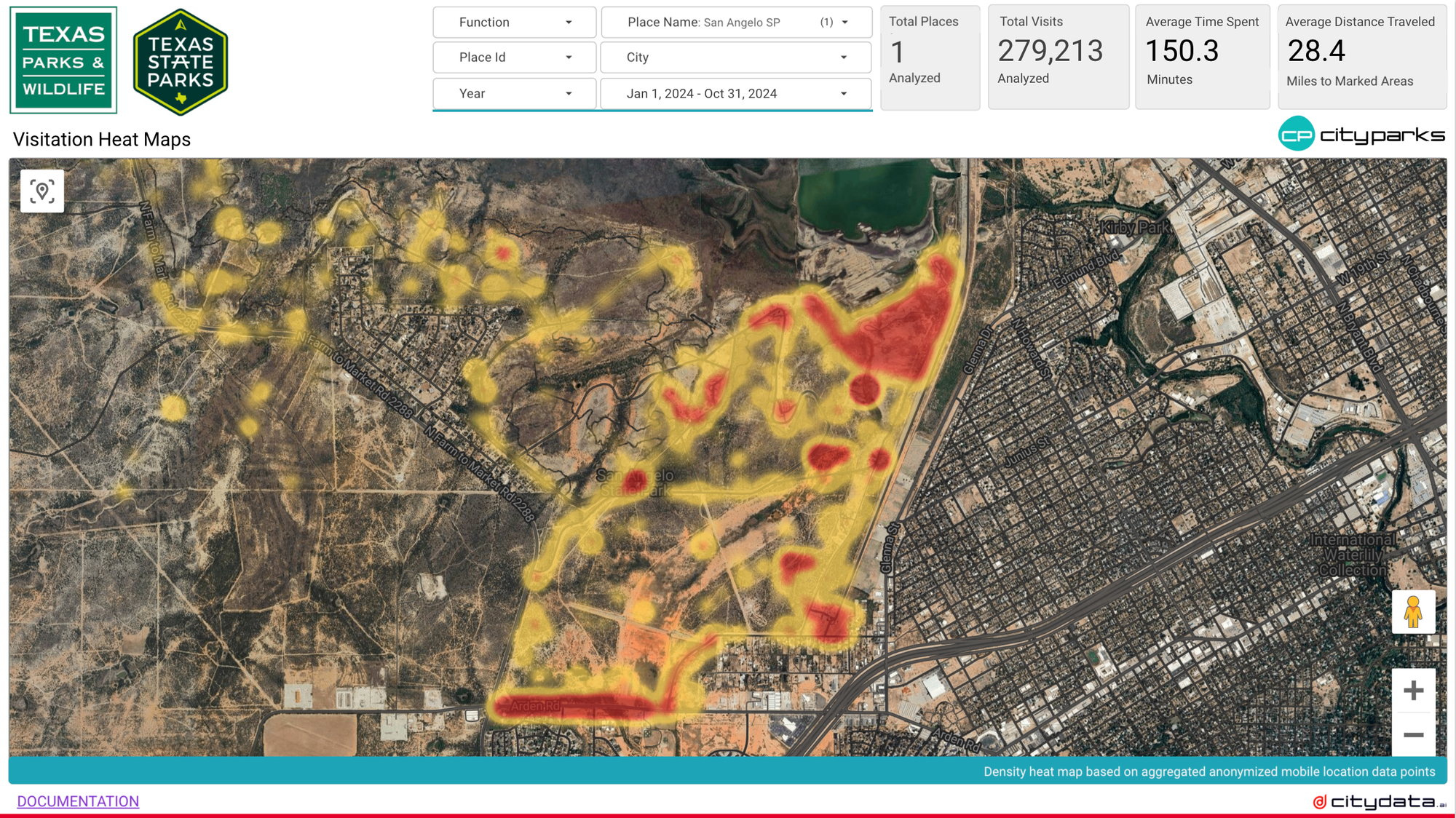 Texas Parks and Wildlife visitation heat map dashboard