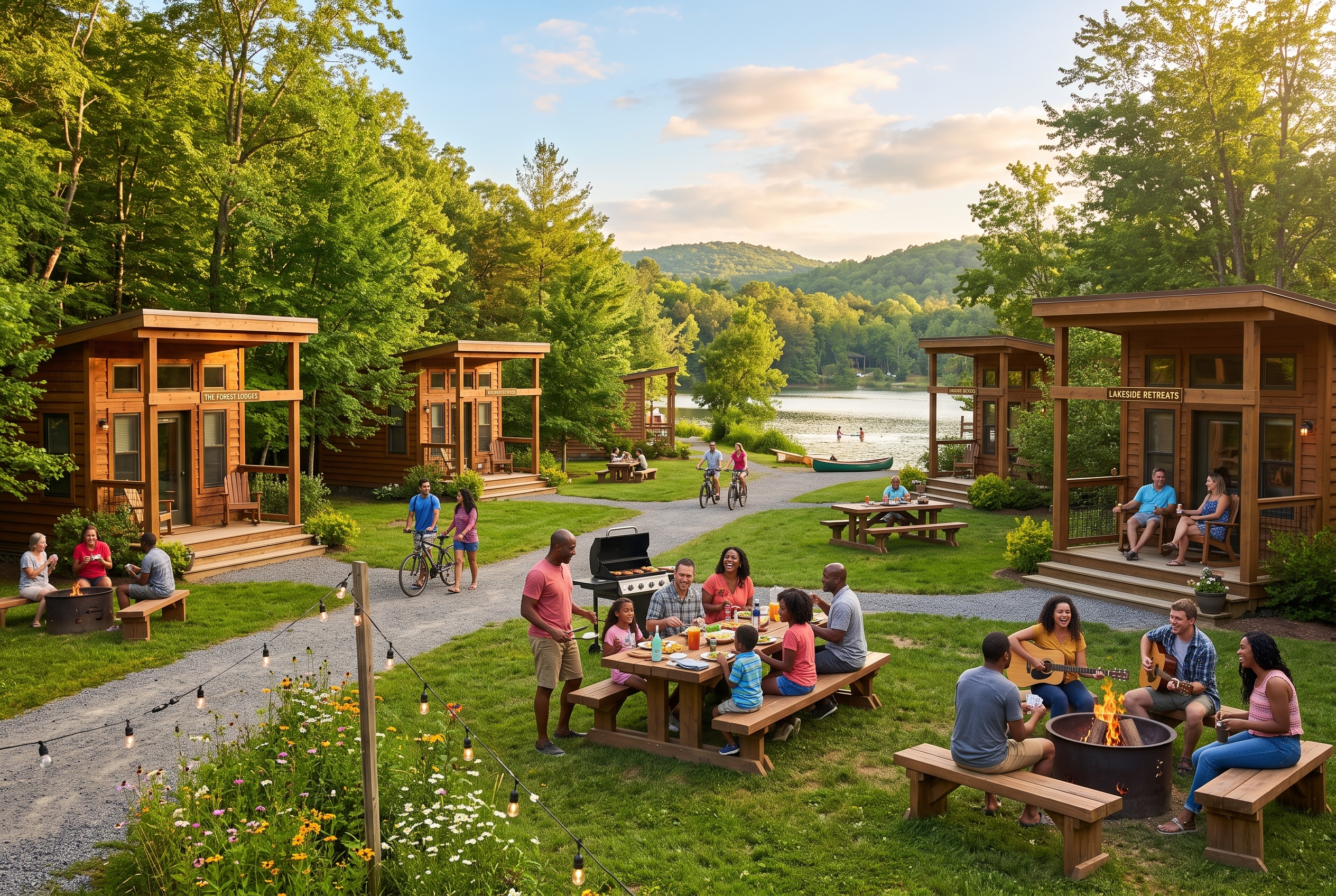 Families enjoying lakeside cabins, campsites, and picnic areas bookable through CityBase