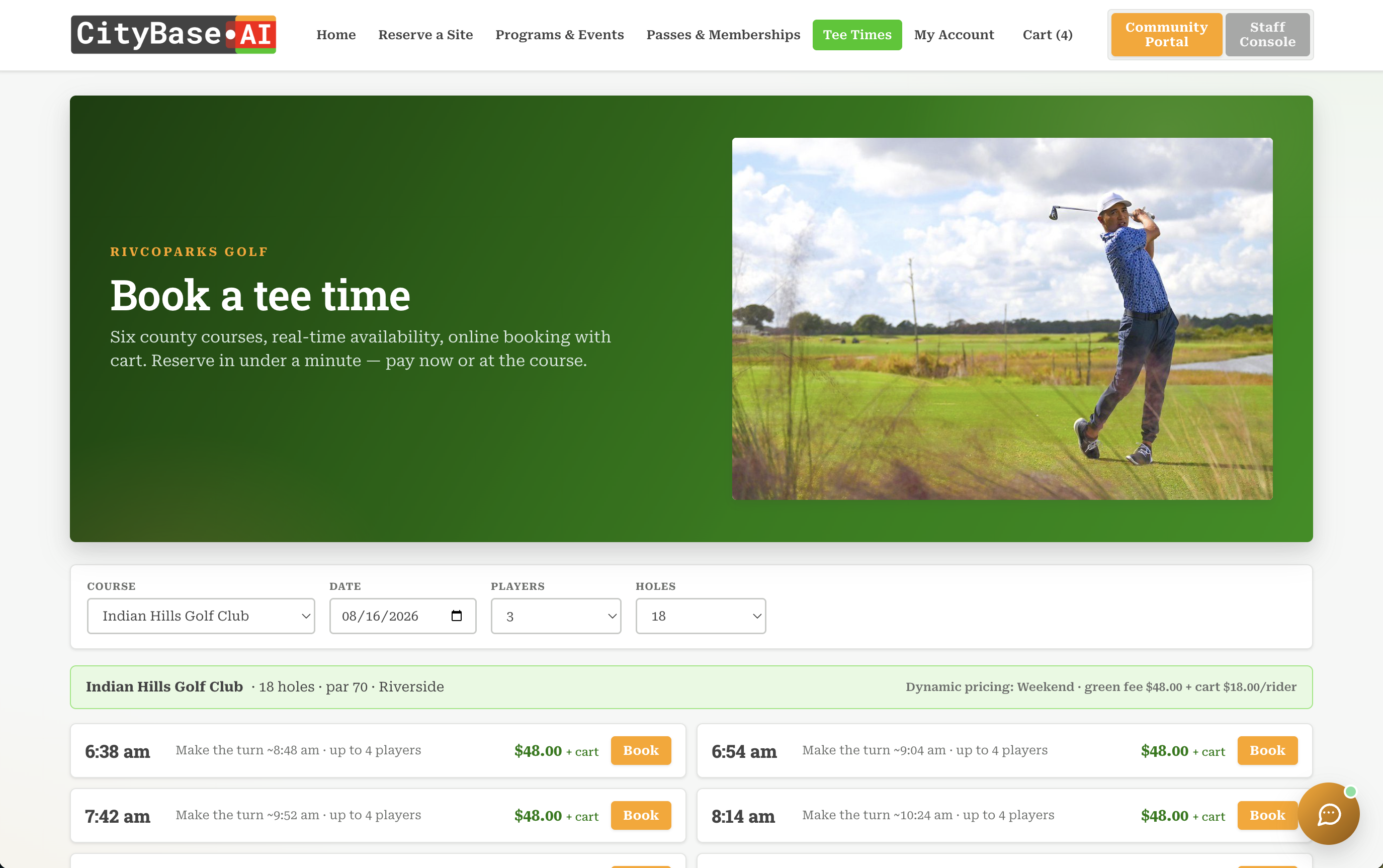 Golf tee time booking in CityBase