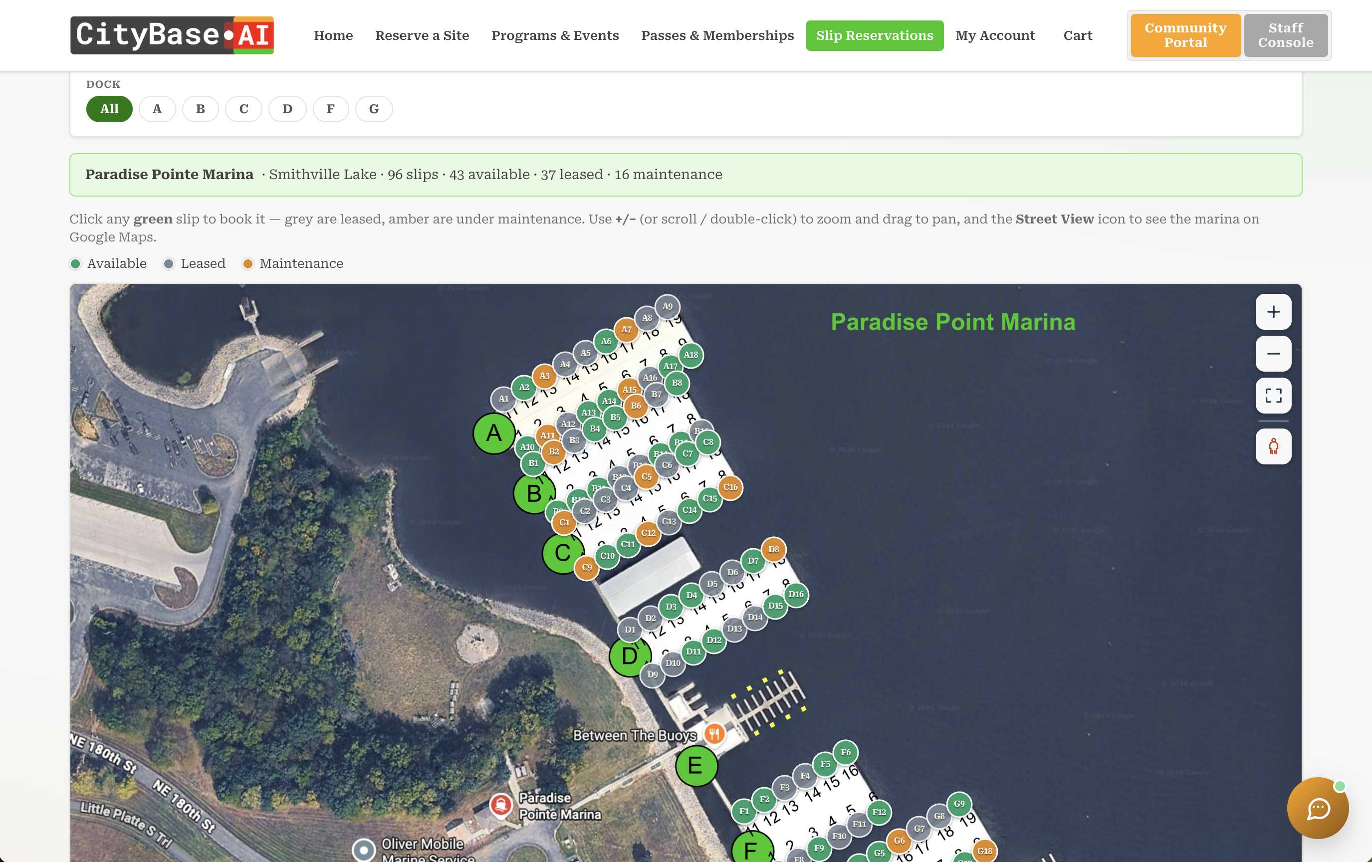 Marina slip reservation dock map in CityBase
