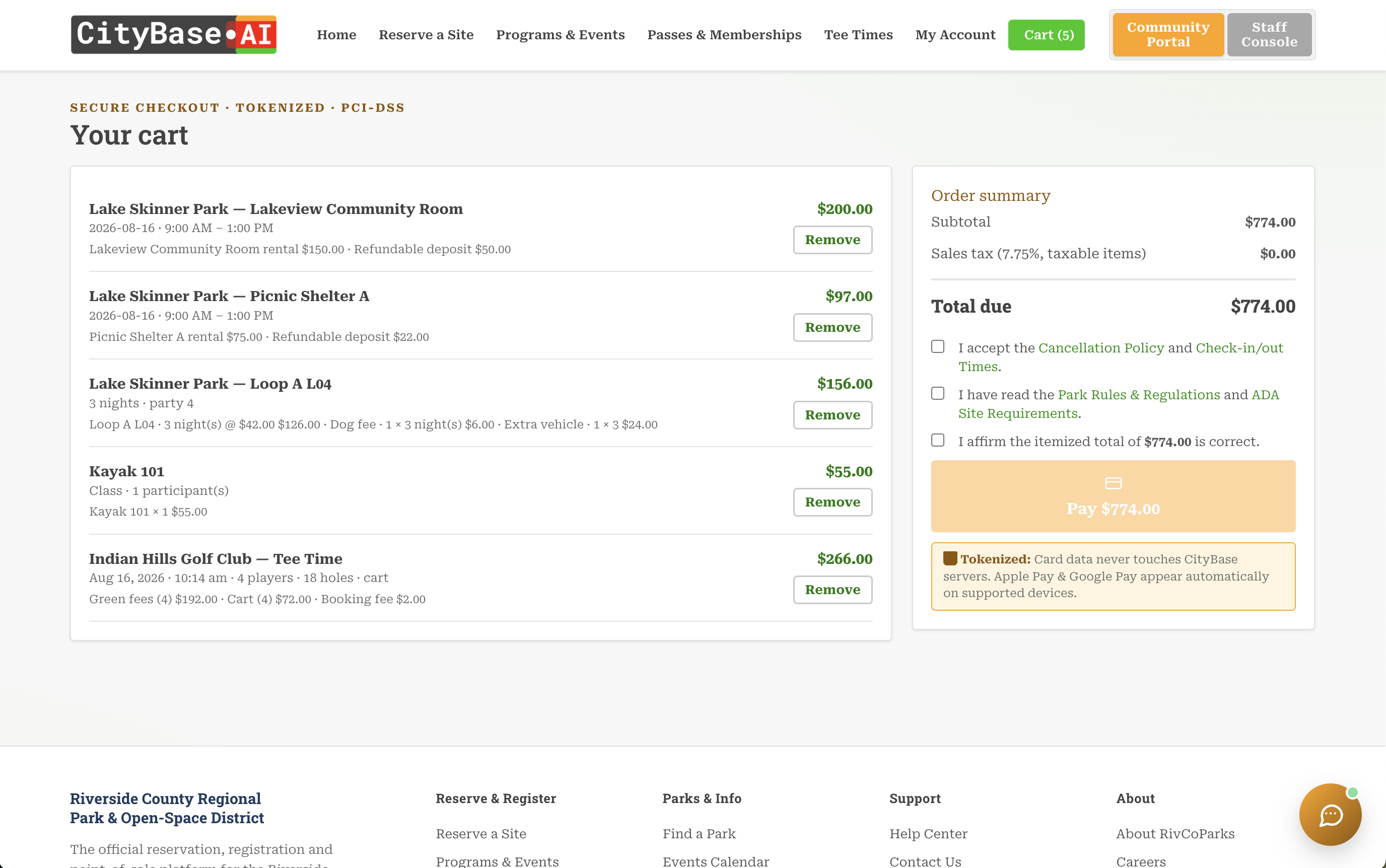 Secure tokenized checkout in CityBase