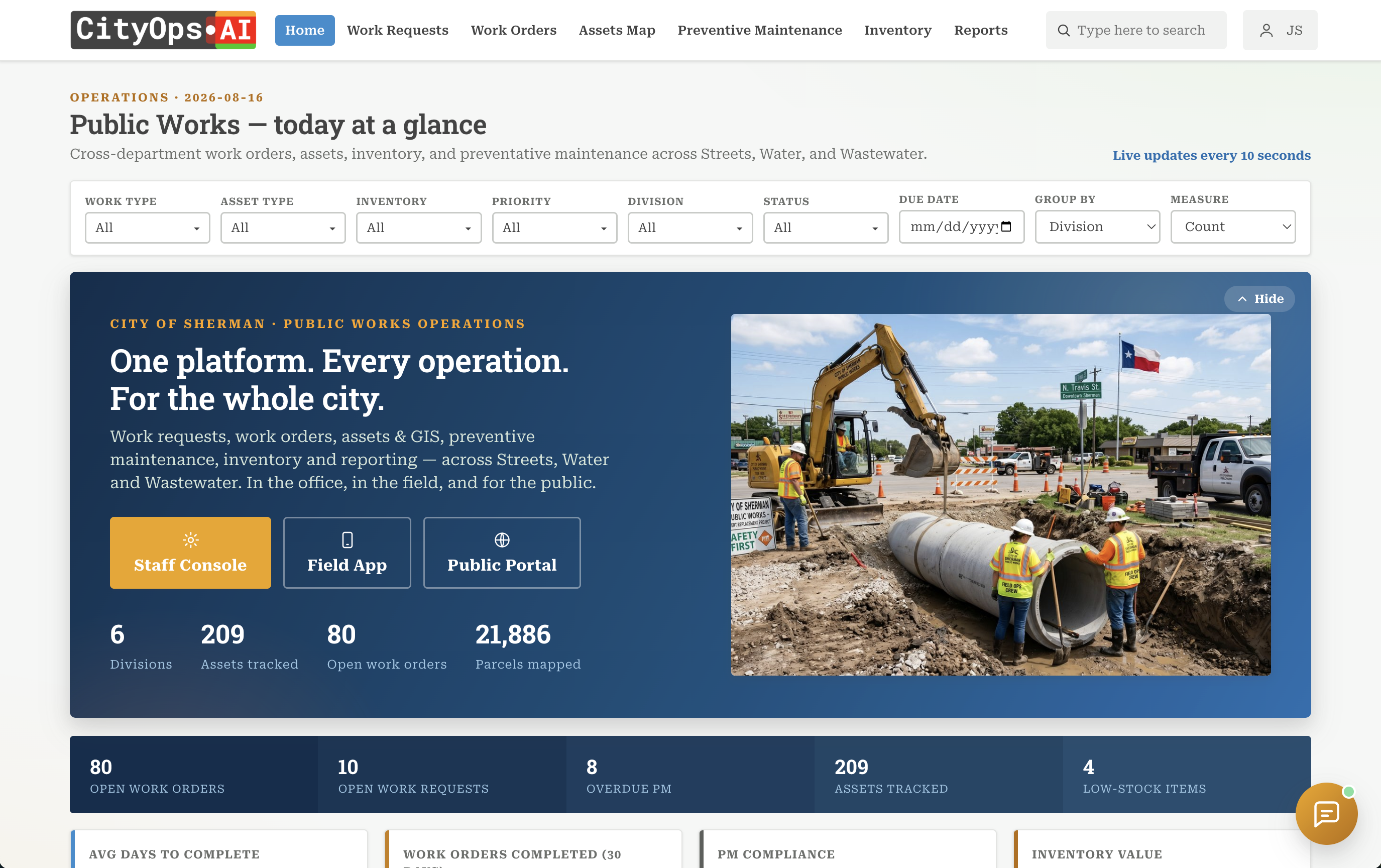 CityOps staff console, field app, and public portal