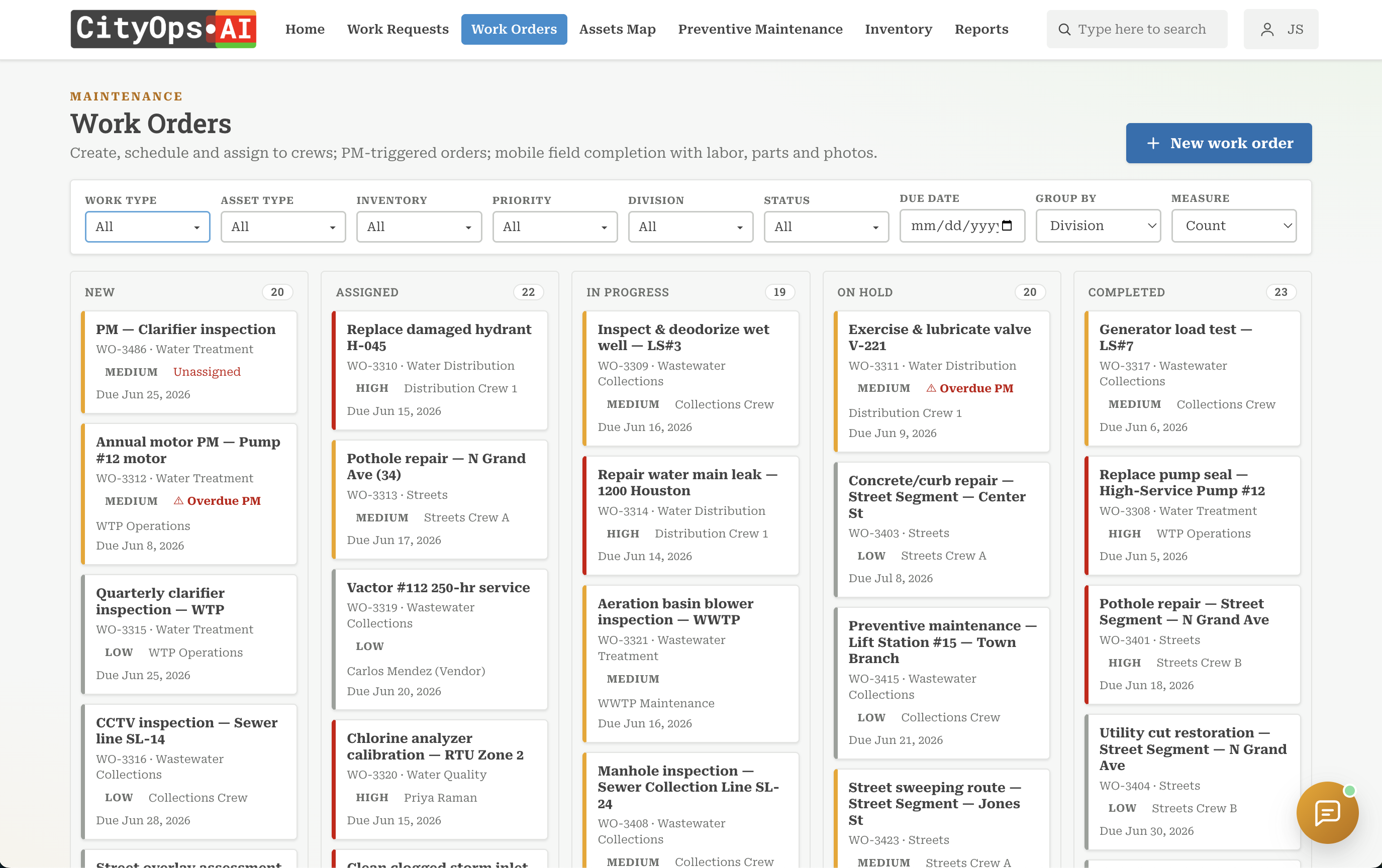 Work order kanban board in CityOps