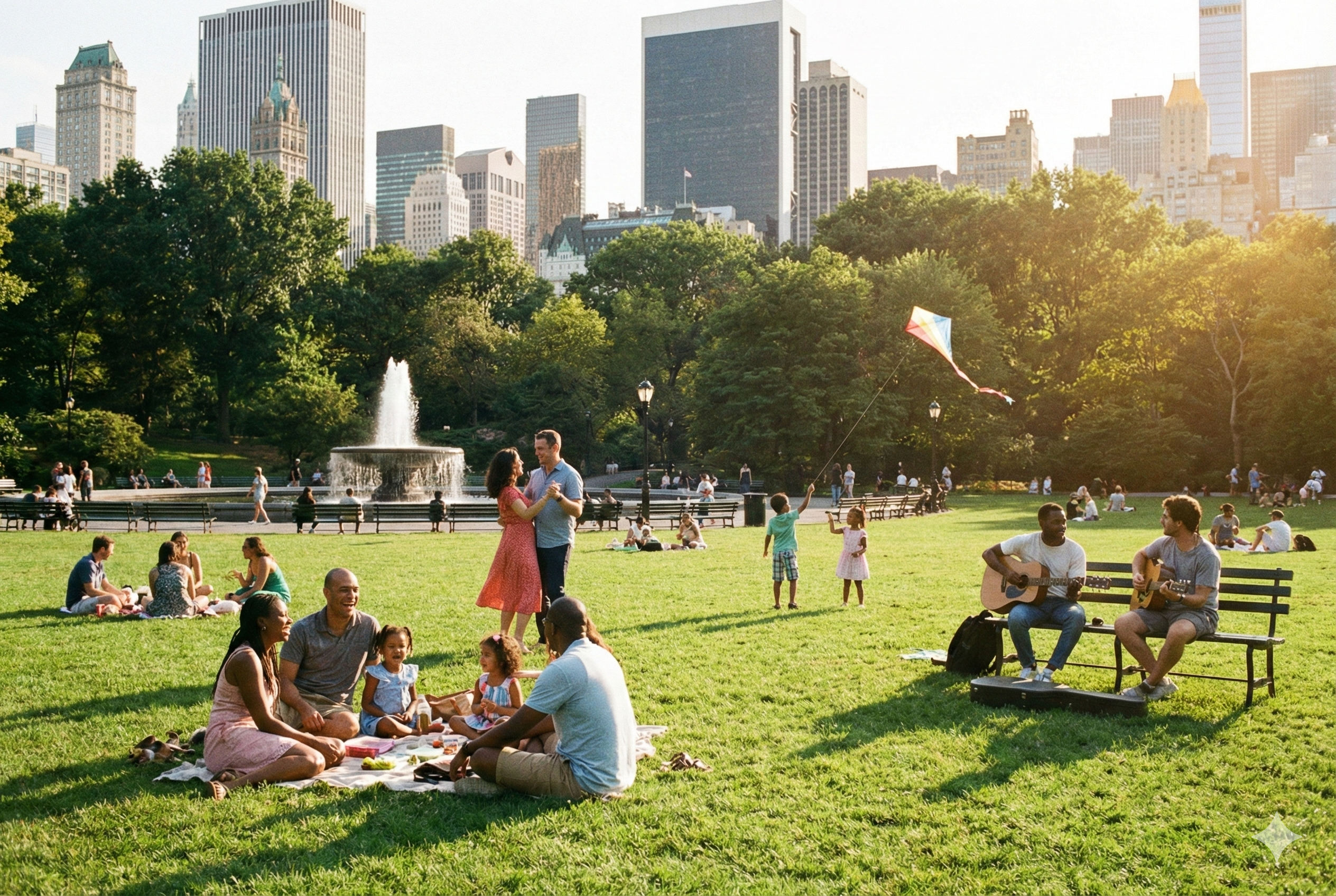 City park with fountain, trees, and visitors near a downtown skyline