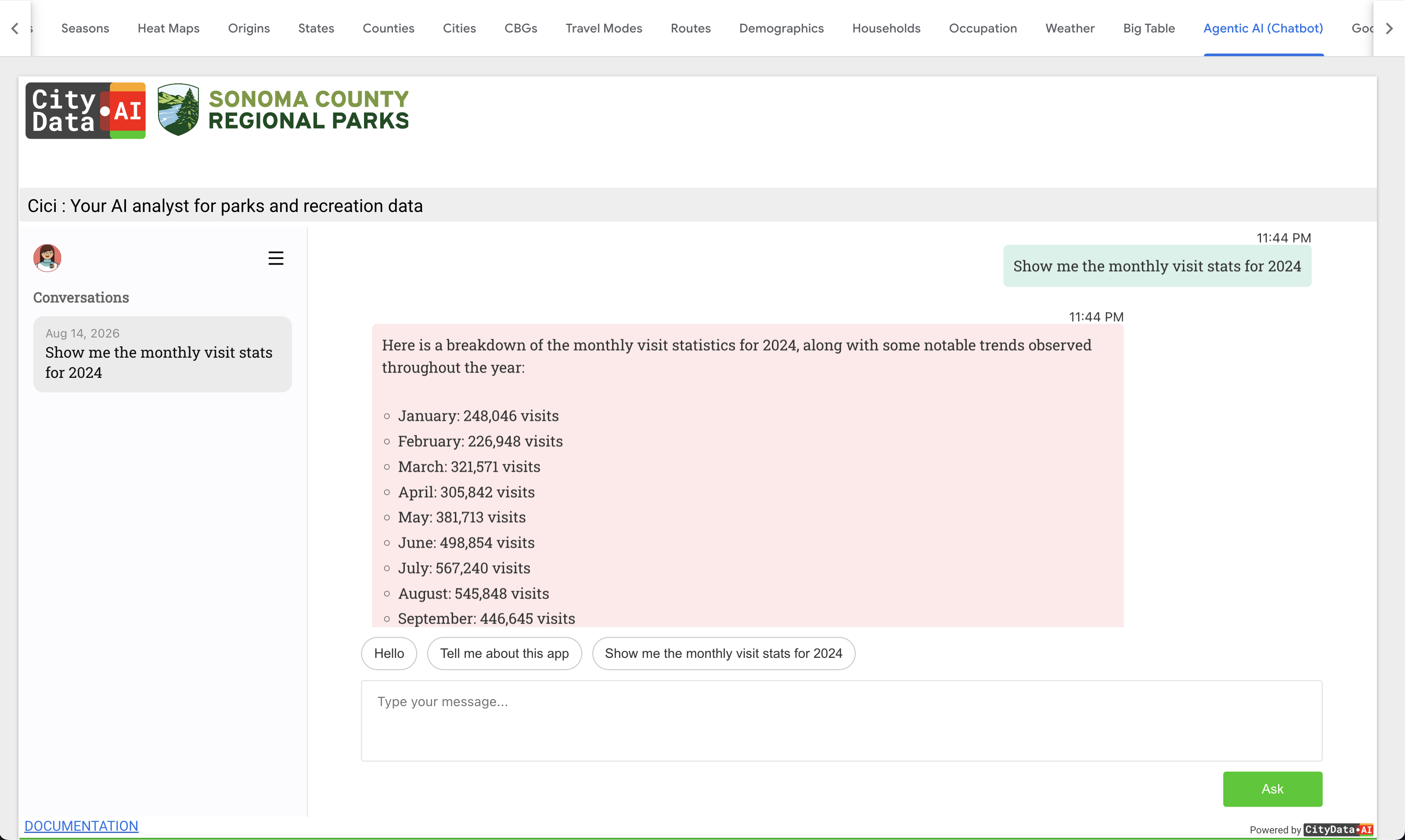 Agentic AI Chatbot dashboard in CityParks