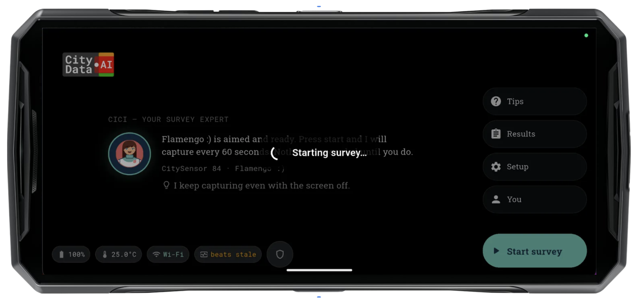 Battery-saving survey mode in CitySurvey